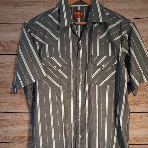 Plains Western Wear Gray and White stripe Pearl Snap Shirt Size Mens Large - Picture 1 of 11